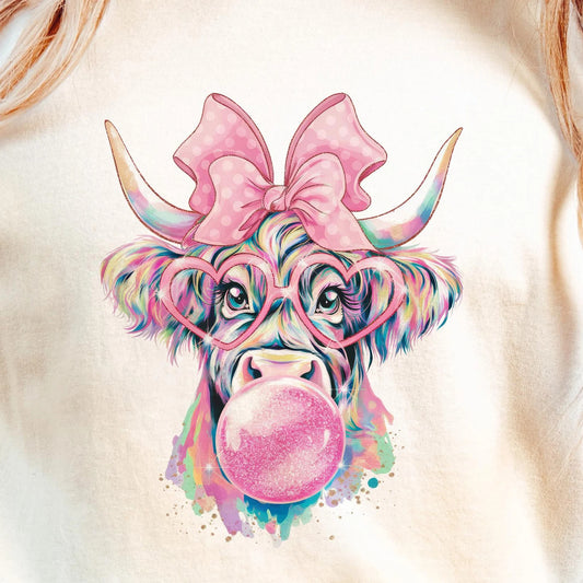 Coquette Highland Cow Bubblegum Tshirt Design Digital Download