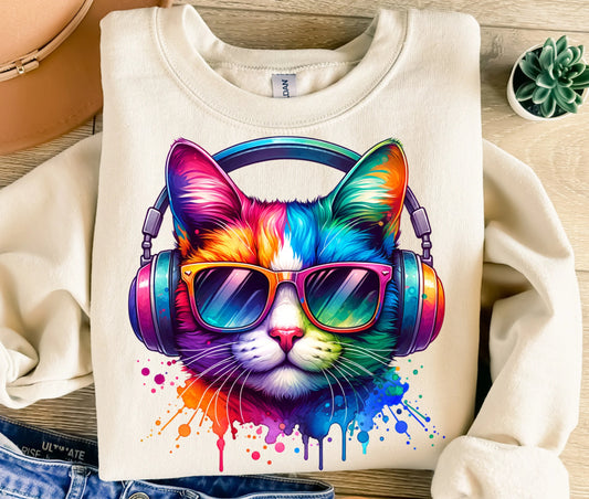 Colorful Cat Png, Sublimation Design, Rainbow Kitten Png, Headphones Png, Trendy Png, T-Shirt Design, Instant Digital Download